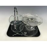 A vintage wheel-cut glass and electroplate cake stand, together with a pressed glass tazza, and cake