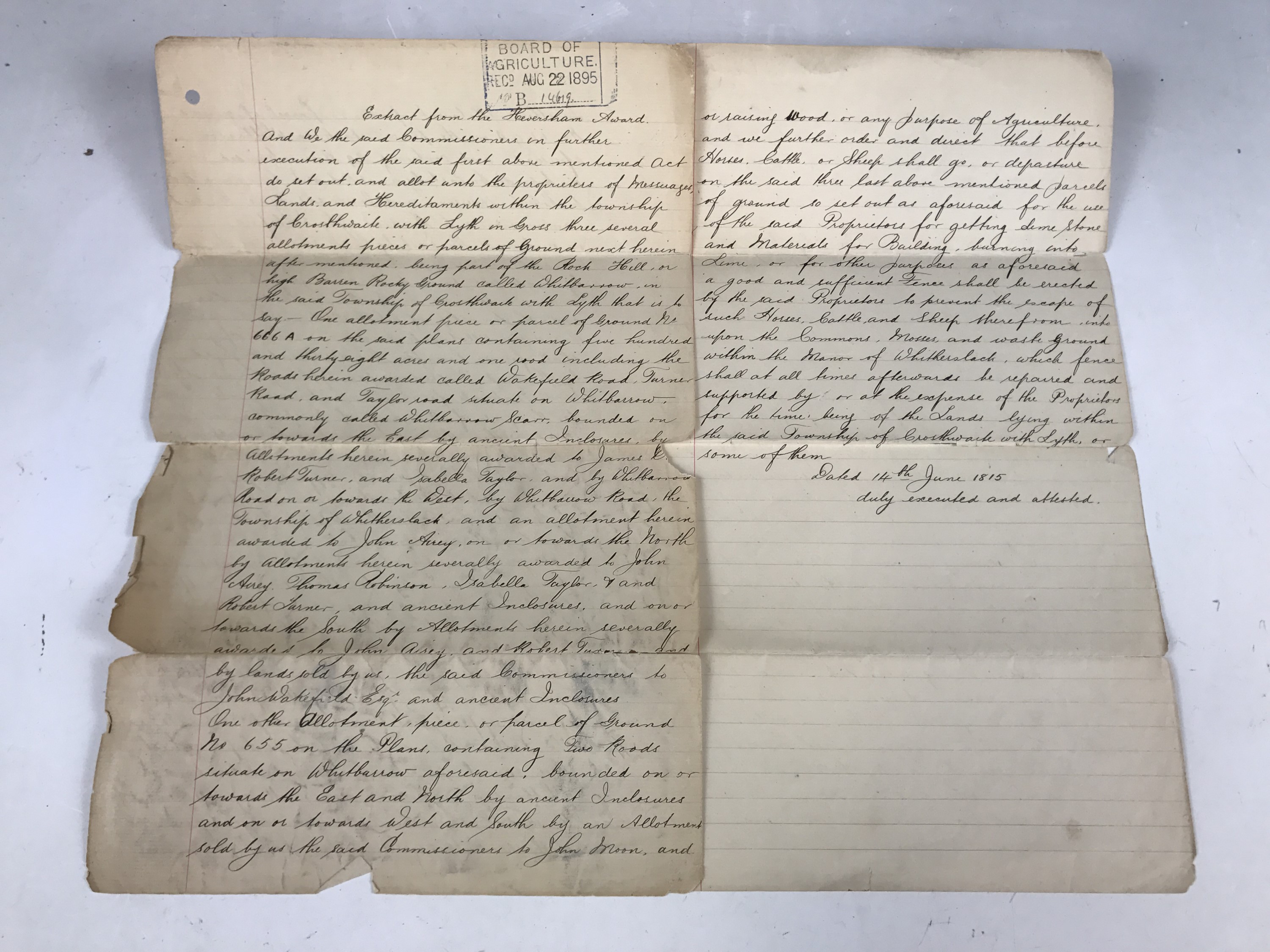An early 19th Century manuscript record of enclosure of land at Crosthwaite, dated 1815