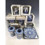 A quantity of boxed Maling for Ringtons blue and white wares together with Wedgwood blue
