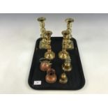 Two pairs of brass candlesticks etc