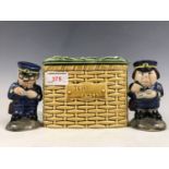 A novelty 'parking attendant' salt and pepper set, together with a Sylvac "Tea Bags" basket-form