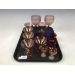 A set of six pink lustre and gilded glasses etc