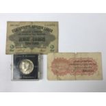 Two Ottoman / Russian banknotes together with a USA half dollar 1964 coin