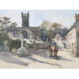 James Patrick (20th Century) Softly depicted village scene with waning late afternoon sun,