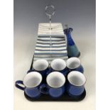 A Laura Ashley Southsea stripe three-tier cake stand, together with six Denby Imperial Blue mugs,