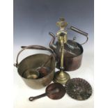 19th century domestic copper and brass wares including a jam pan and kettle together with a brass