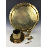 A large Islamic brass tray together with other North African / Middle Eastern and Cairo-ware brass