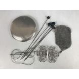 Sundry collectors' items including five hat pins, a large electroplate compact, a small mesh