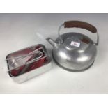 Two mess tins and cutlery together with a camping kettle