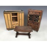 Three homemade dolls house furniture items including a Chinese style display cabinet, a dining table