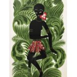 An African screen print picture of a dancer, circa 1960s, framed under glass, 61 x 39 cm