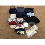 Vintage costume accessories, to include 1960s handbags, feather fans, day and evening gloves and