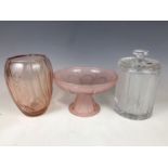 A Czechoslovakian heavily moulded and cut glass biscuit barrel, together with an Art Deco style pink