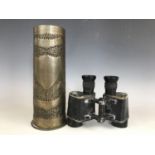 A Great War trench art shell case vase engraved Cambrai 19145-191*, 23 cm, together with a set of