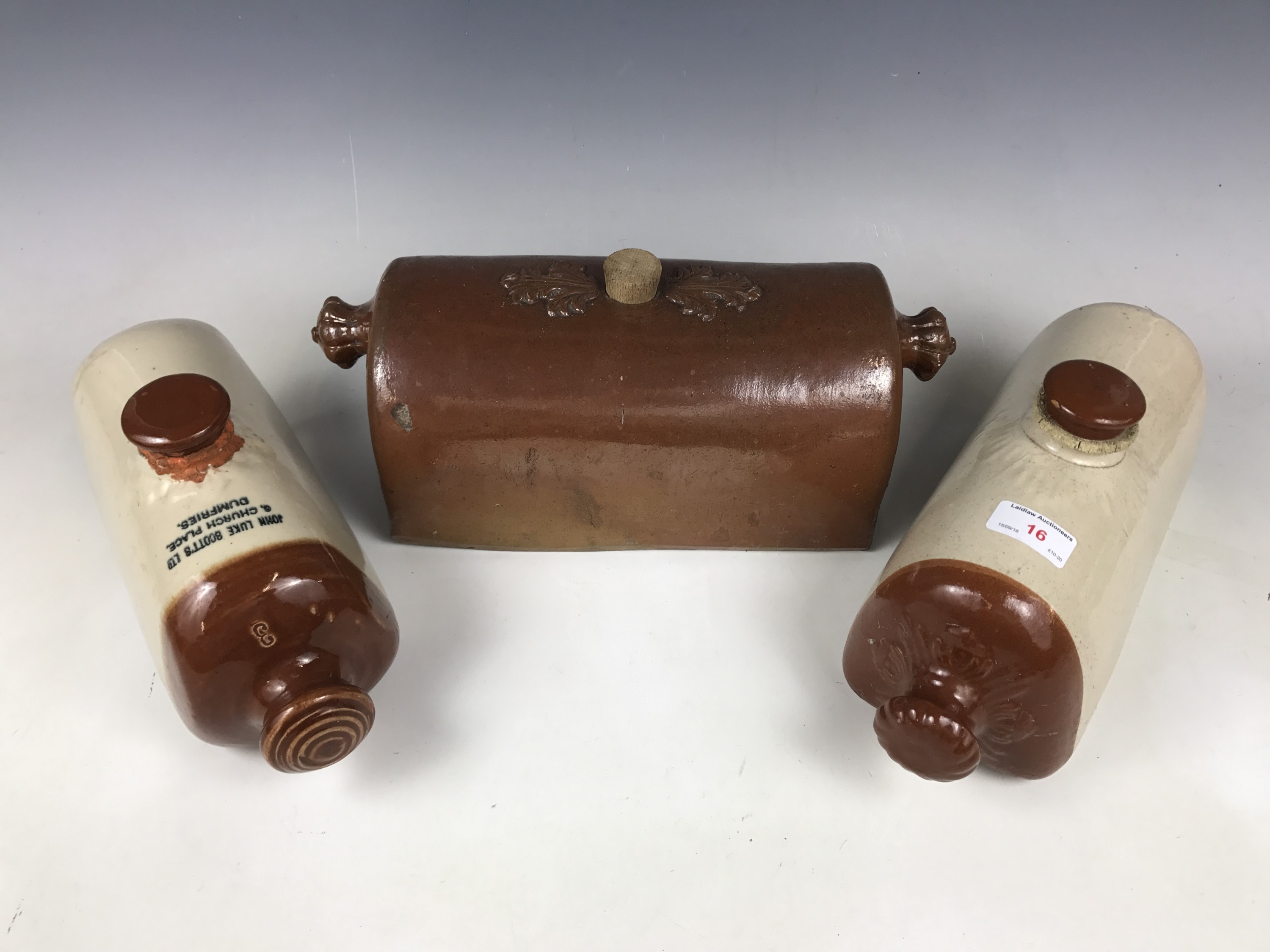 A John Luke Scotts of Dumfries stoneware hot water bottle and two others (two a/f)