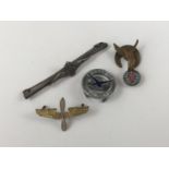 A white metal RAF sweetheart brooch and sundry items of military insignia