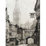 Ernest Llewellyn Hampshire (1882-1944) Salisbury Cathedral & High Street, drypoint, framed and