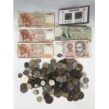 A Peruvian banknote and others, together with sundry coins