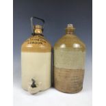 A stoneware flagon with tap, printed "Salutaris Water Co Distillery, 236 Fulham Road, London",