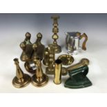 A quantity of late 19th / early 20th century brass ware including fire dogs, candlesticks, a 1943
