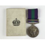 A George V General Service Medal with Malaya clasp to 22648330 Rfn T Shaw, Cameronians, in carton