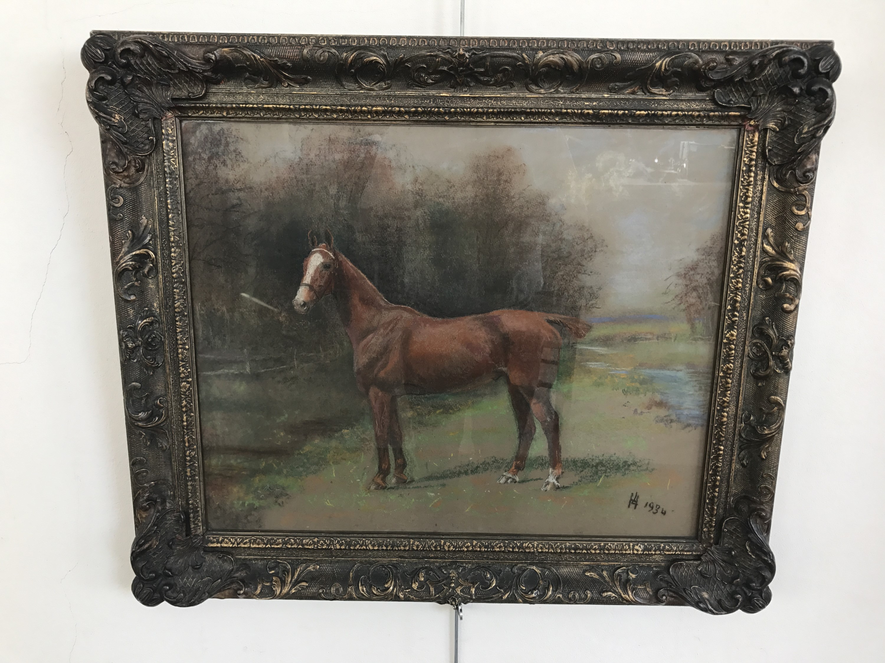 L*** H*** (19th Century) Study of a racehorse, the chestnut stallion proudly stands beside a winding - Image 2 of 2