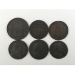 6 copper mining tokens: Hull Lead Works penny, 1812; Associated Irish Mine Company, 1789; and four
