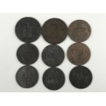 9 British copper tokens: Stafford penny, 1803; Bristol & South Wales, 1811; and the following