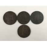 Four copper halfpenny tokens: Harrison, St Leonards, Edinburgh, 1796; Lloyd & Ridley button