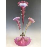 A Victorian pink and vaseline glass three-trumpet epergne, 50cm