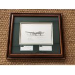 A monochrome print depicting an RAF Lancaster bomber, pencil signed by aircrew, framed, 41 cm x 48