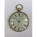 A Victorian 18 ct gold pocket watch with stop-watch mechanism, the case back decorated with engine
