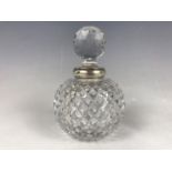 A Victorian silver-mounted and cut glass grenade form perfume bottle, having pineapple cut