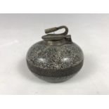 A novelty pottery inkwell or match pot modelled as a curling stone, decorated as imitation