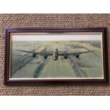 Gerald Coulson Merlins Thunder, RAF Lancaster bomber in flight, textured print, framed, 34 cm x 70
