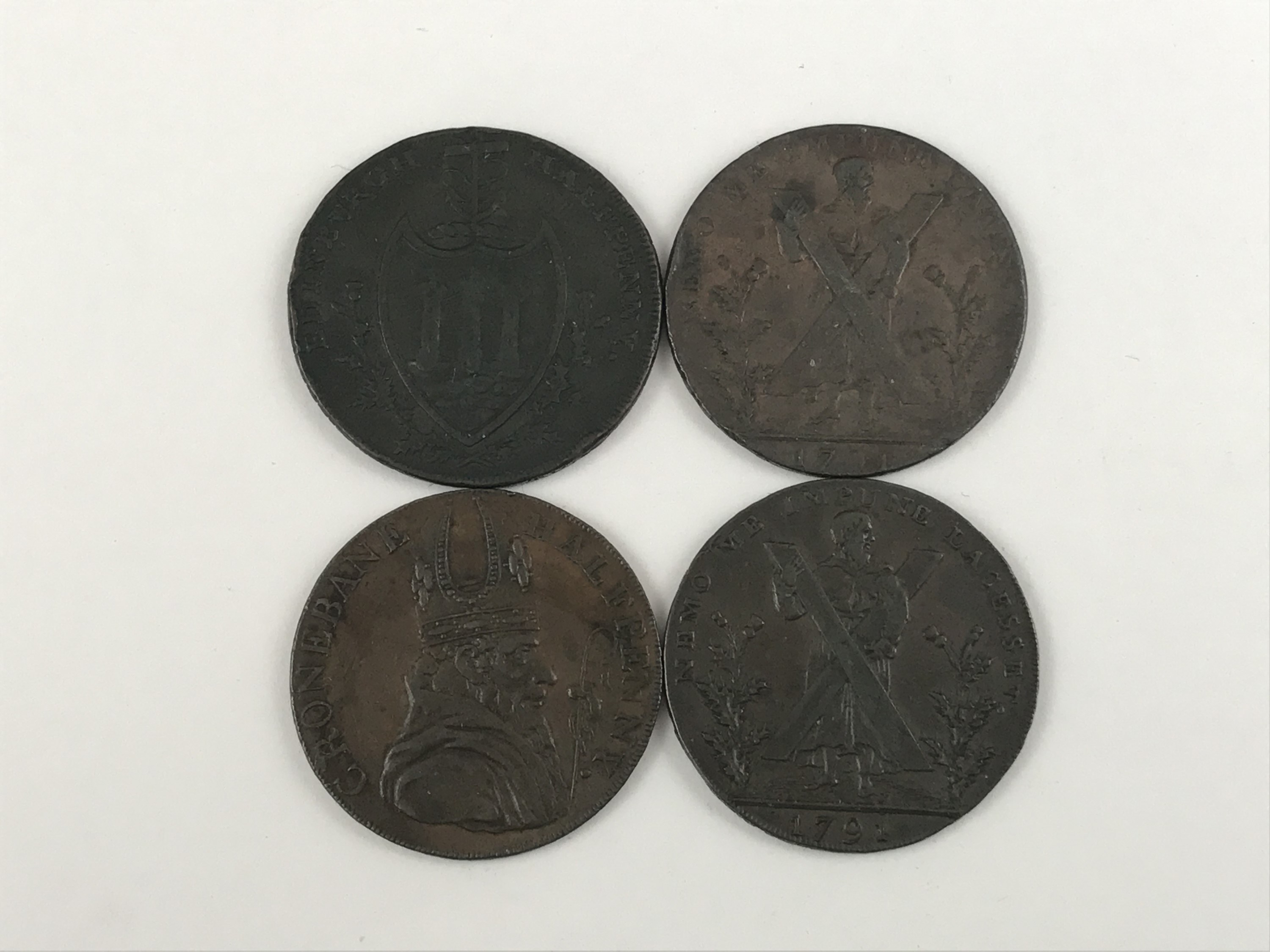 4 British / Irish copper halfpenny tokens: Edinburgh, 1791-2 (3); Cronebane, nd