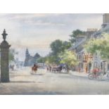 Frank Watson Wood (1862-1953) Sunny Musselburgh street scene, including leisurely shoppers, a