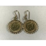 A pair of gold half sovereigns mounted as ear pendants, 10.2g total