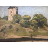 (19th Century) Naive colourist Scottish landscape view with peel tower overlooking a winding