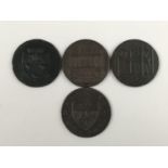 Four copper halfpenny tokens: Canterbury, 1794; John of Gaunt, Lancaster, 1794; John Harvey, Norwich
