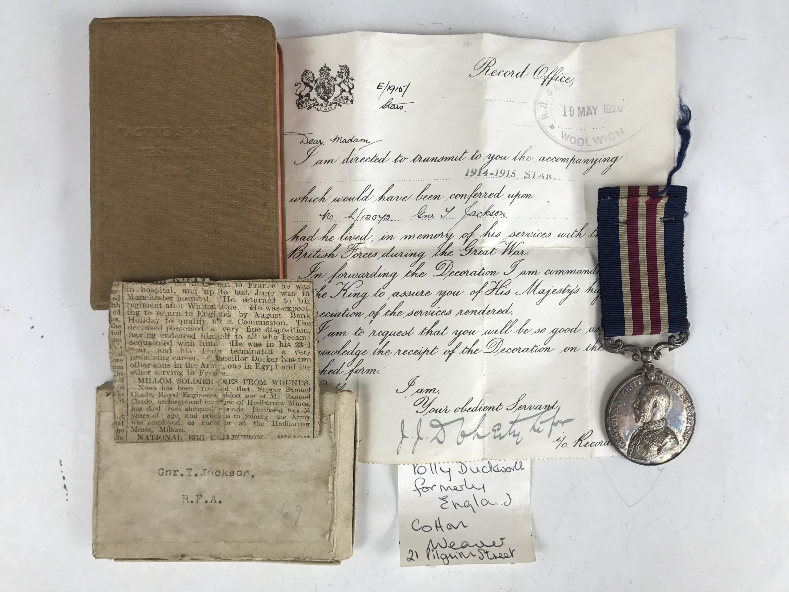 A Great War Military Medal to L-12072 Gunner T Jackson, HQ 161 [York] Brigade, RFA, together with