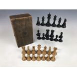 A part Staunton chess set, lacking white king and one white pawn, king 10 cm, queen 8.5 cm