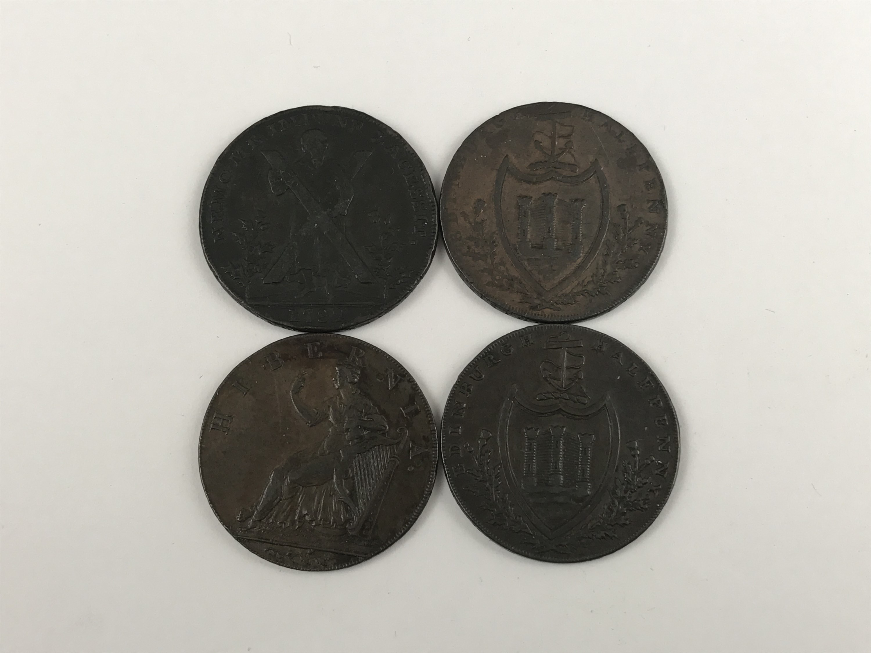 4 British / Irish copper halfpenny tokens: Edinburgh, 1791-2 (3); Cronebane, nd - Image 3 of 3