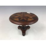A 19th Century apprentice / miniature snap-top mahogany tea table, having parquetry inlaid