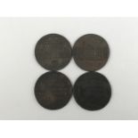 4 copper halfpenny tokens: Thames and Severn Canal, 1795; Mail Coach Halfpenny to J Palmer; Newgate,