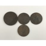 Four copper tokens: Parys Mine Co druid penny; John Howard, philanthropist, Portsmouth and