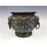 A late Meiji Japanese champleve enamelled bronze bowl influenced by Chinese patterns, 24 cm