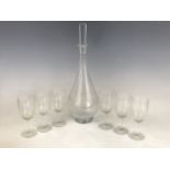 An early 20th Century Art Deco glass liqueur set, comprising decanter and six glasses, having