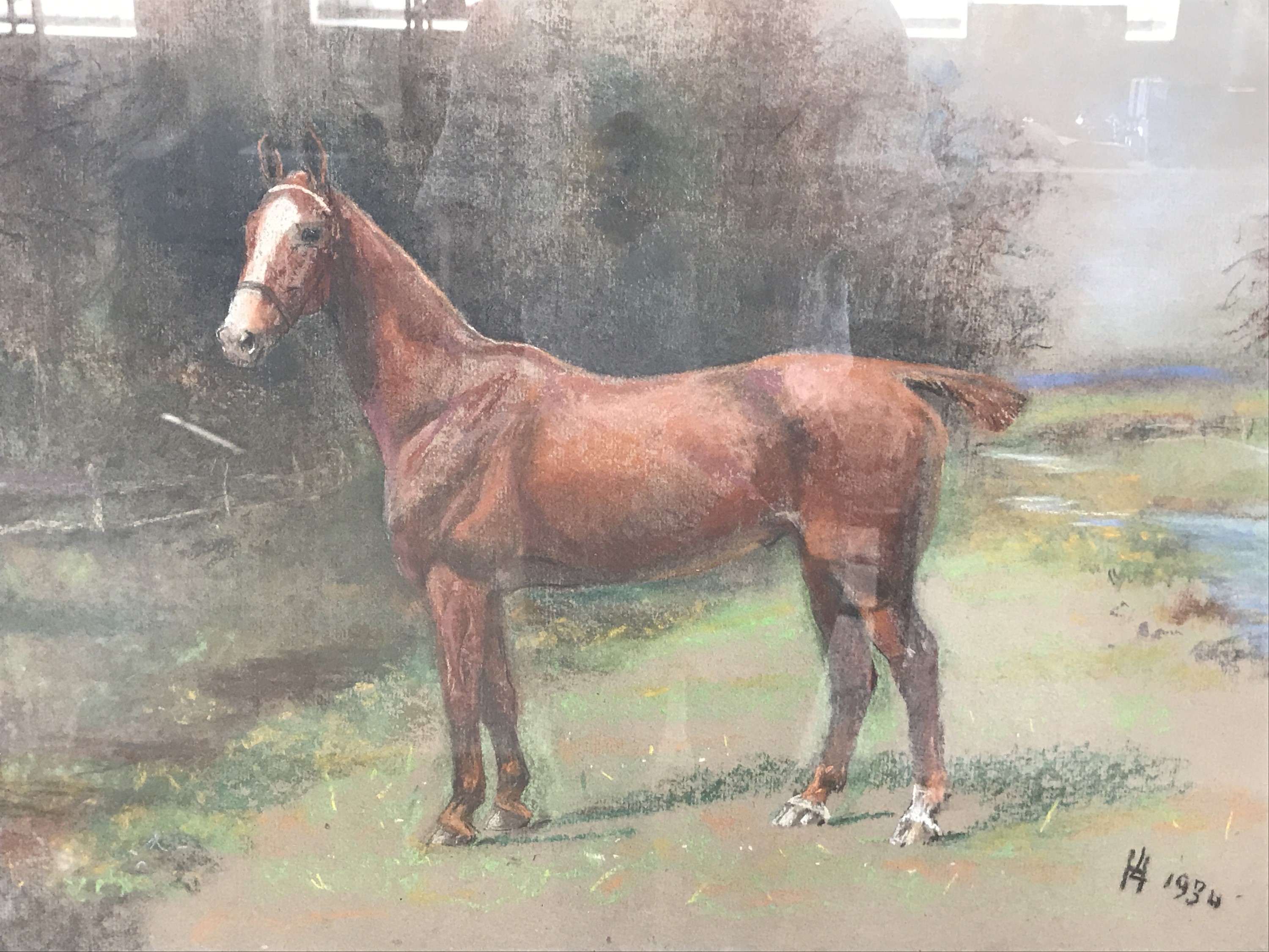 L*** H*** (19th Century) Study of a racehorse, the chestnut stallion proudly stands beside a winding