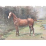 L*** H*** (19th Century) Study of a racehorse, the chestnut stallion proudly stands beside a winding